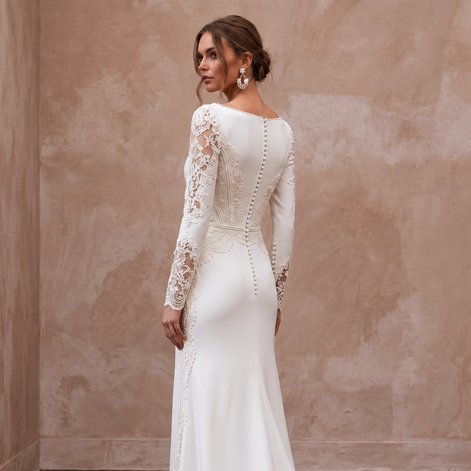 Modest Ivory Crepe Bateau Neck Long Sleeve Sheath Wedding Dress - Apparel & Accessories > Clothing > Wedding & Bridal Party Dresses > Wedding Dresses - Mignonette Bridal