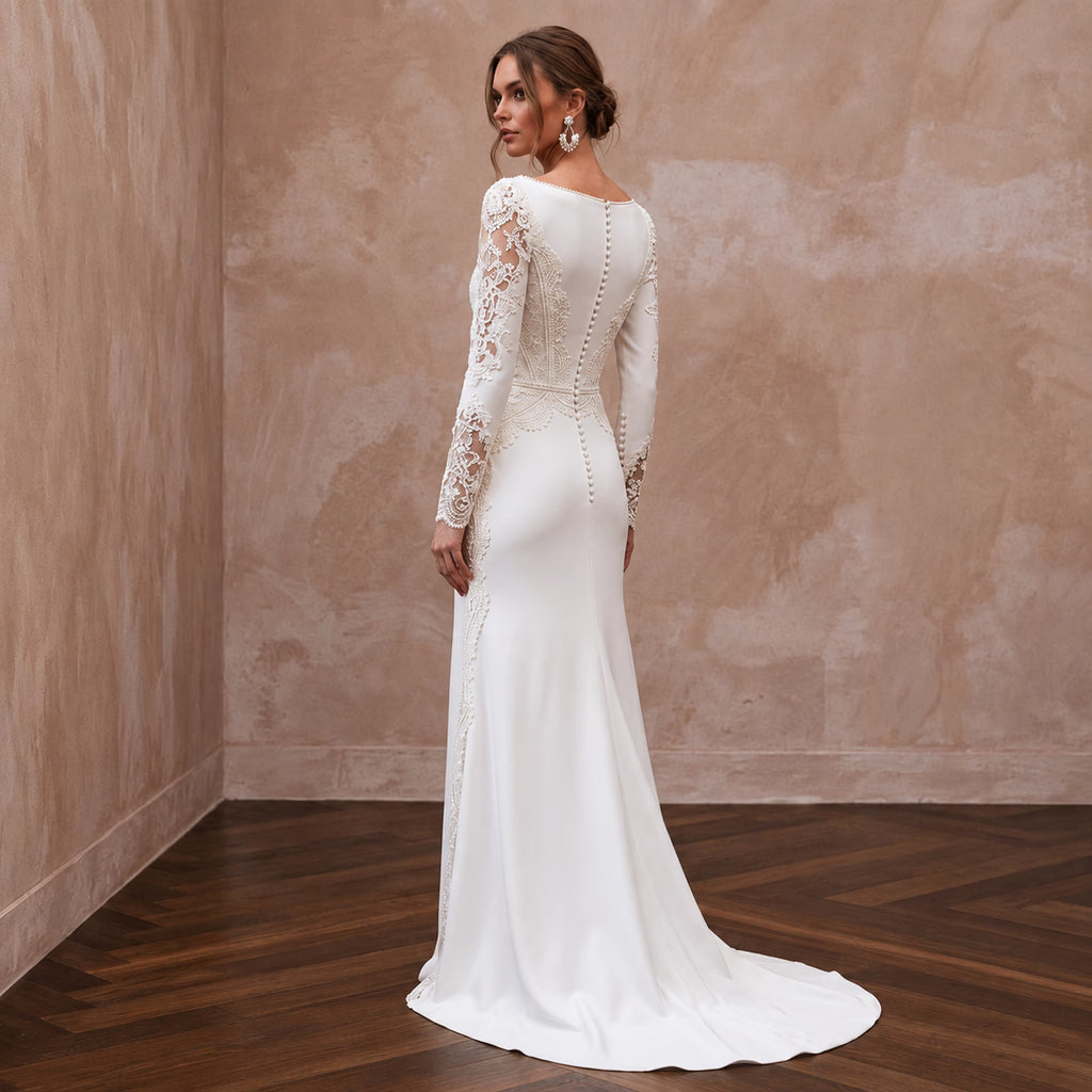 Modest Ivory Crepe Bateau Neck Long Sleeve Sheath Wedding Dress - Apparel & Accessories > Clothing > Wedding & Bridal Party Dresses > Wedding Dresses - Mignonette Bridal