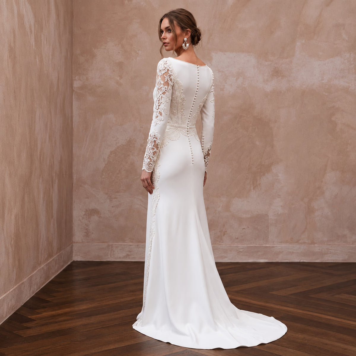 Modest Ivory Crepe Bateau Neck Long Sleeve Sheath Wedding Dress - Apparel & Accessories > Clothing > Wedding & Bridal Party Dresses > Wedding Dresses - Mignonette Bridal