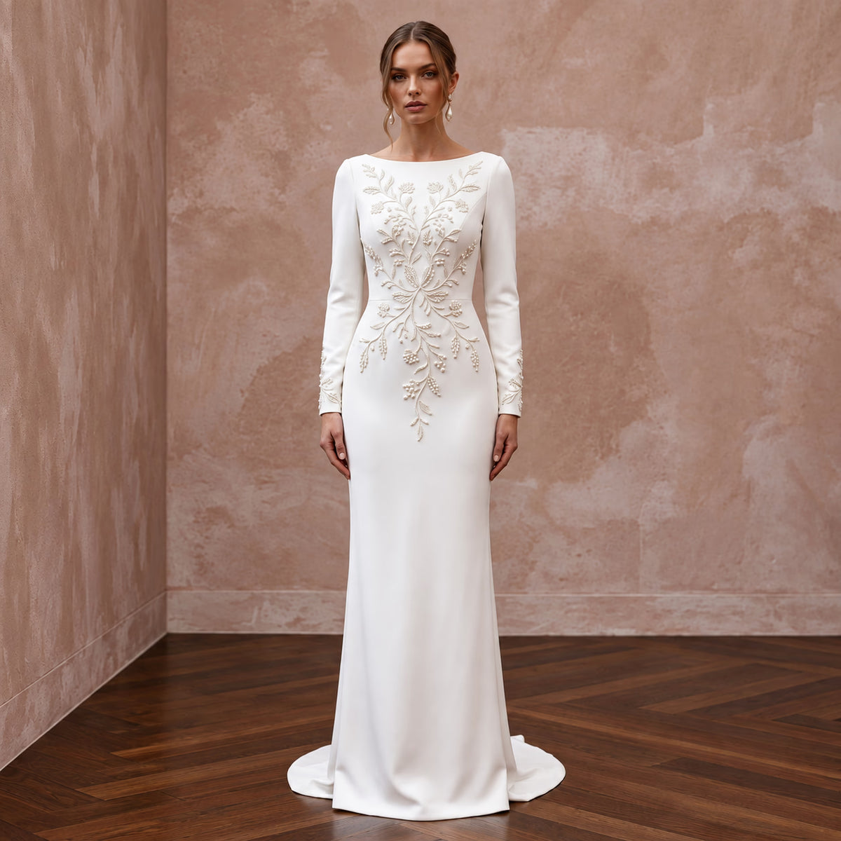 Modest Ivory Crepe Bateau Neckline Tailored Sheath Gown