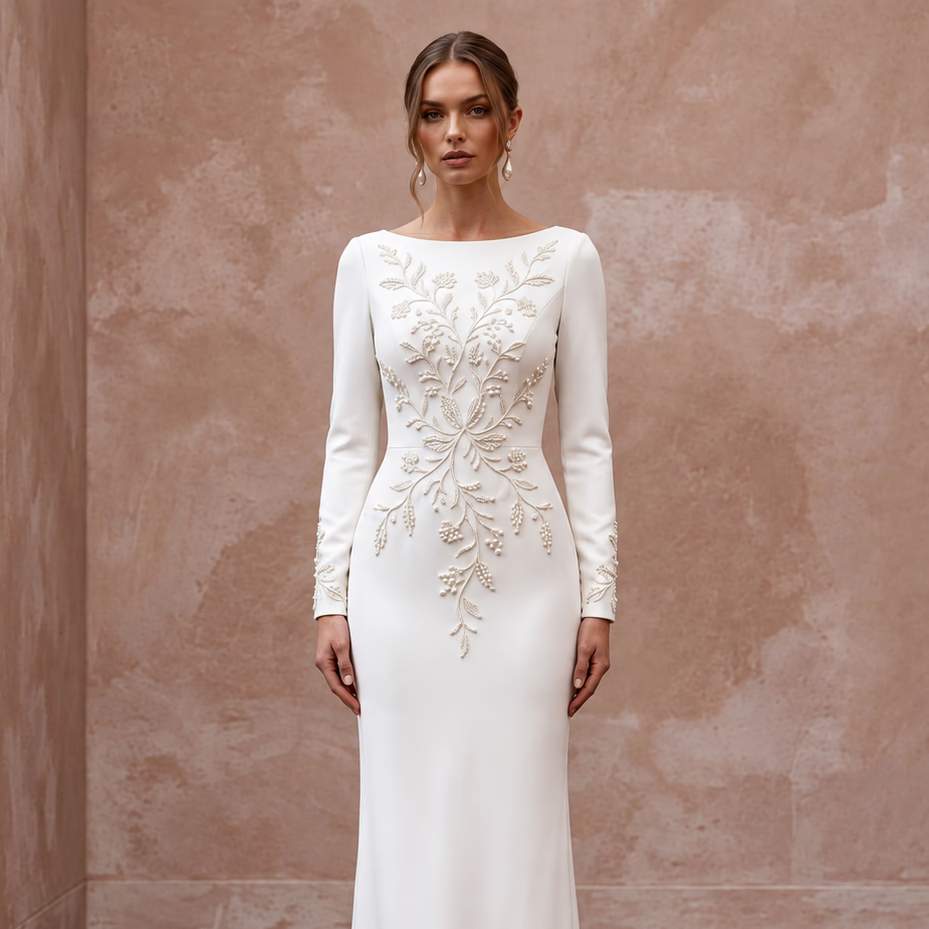 Modest Ivory Crepe Bateau Neckline Tailored Sheath Gown