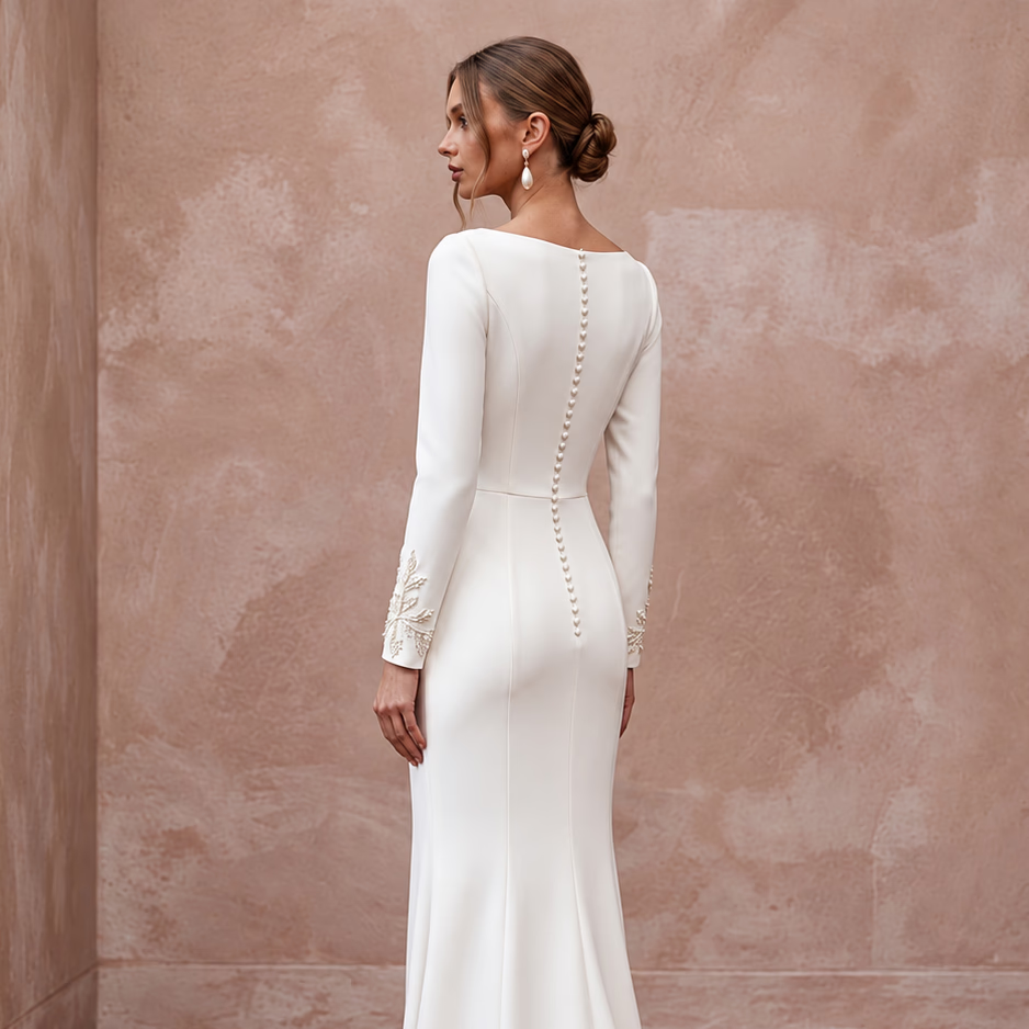 Modest Ivory Crepe Bateau Neckline Tailored Sheath Gown