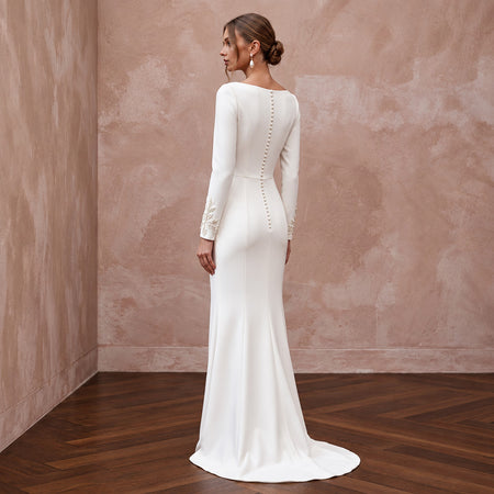Modest Ivory Crepe Bateau Neckline Tailored Sheath Gown