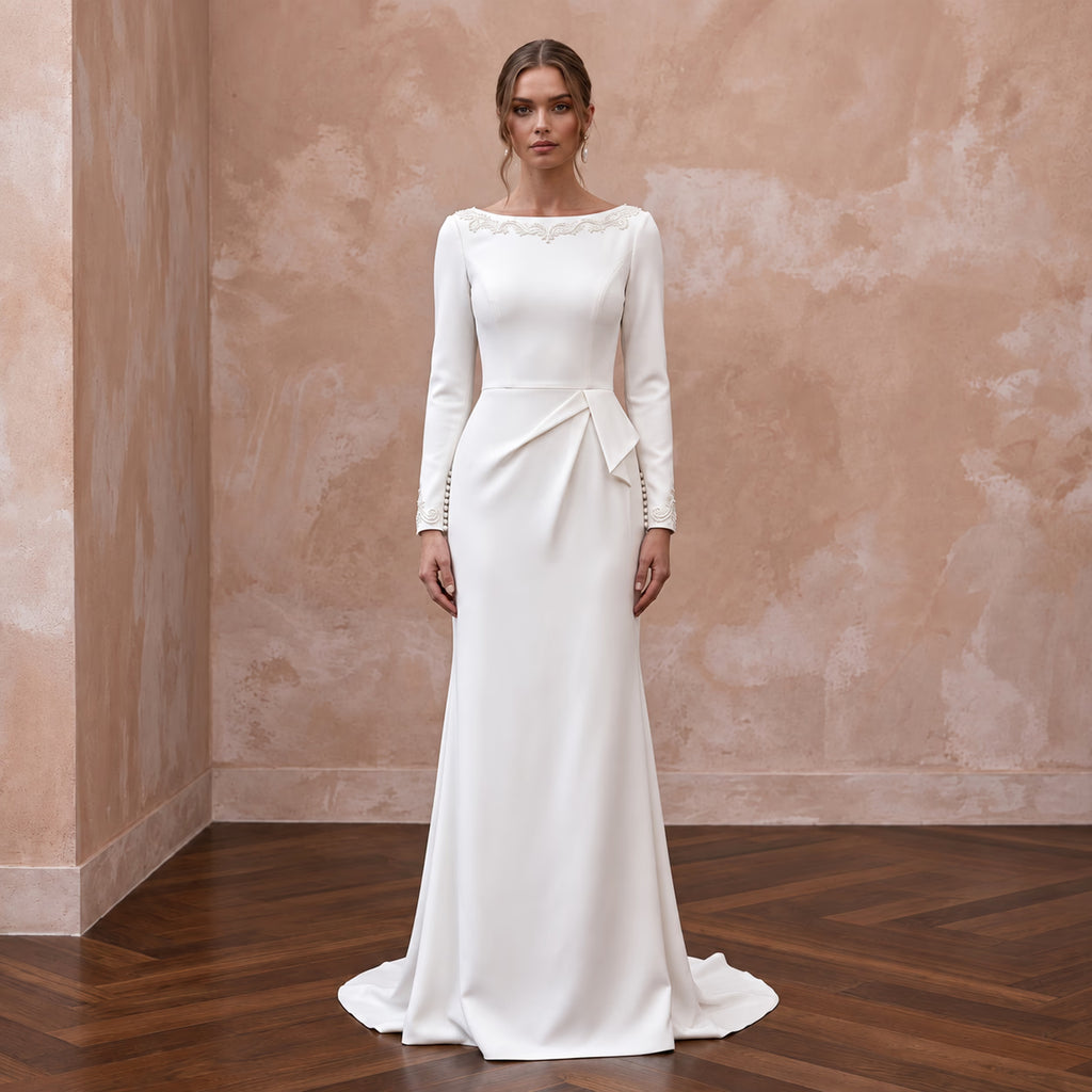 Modest Ivory Crepe Long Sleeve Sheath Dress with Pearl Buttons