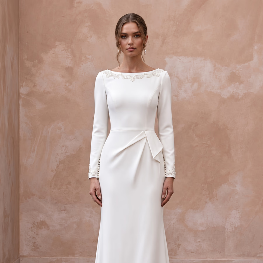 Modest Ivory Crepe Long Sleeve Sheath Dress with Pearl Buttons