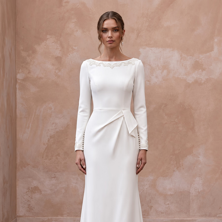 Modest Ivory Crepe Long Sleeve Sheath Dress with Pearl Buttons