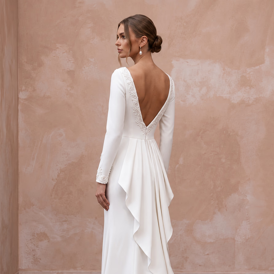 Modest Ivory Crepe Long Sleeve Sheath Dress with Pearl Buttons