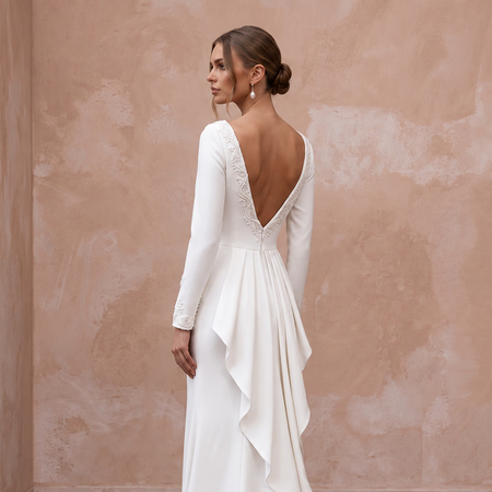 Modest Ivory Crepe Long Sleeve Sheath Dress with Pearl Buttons