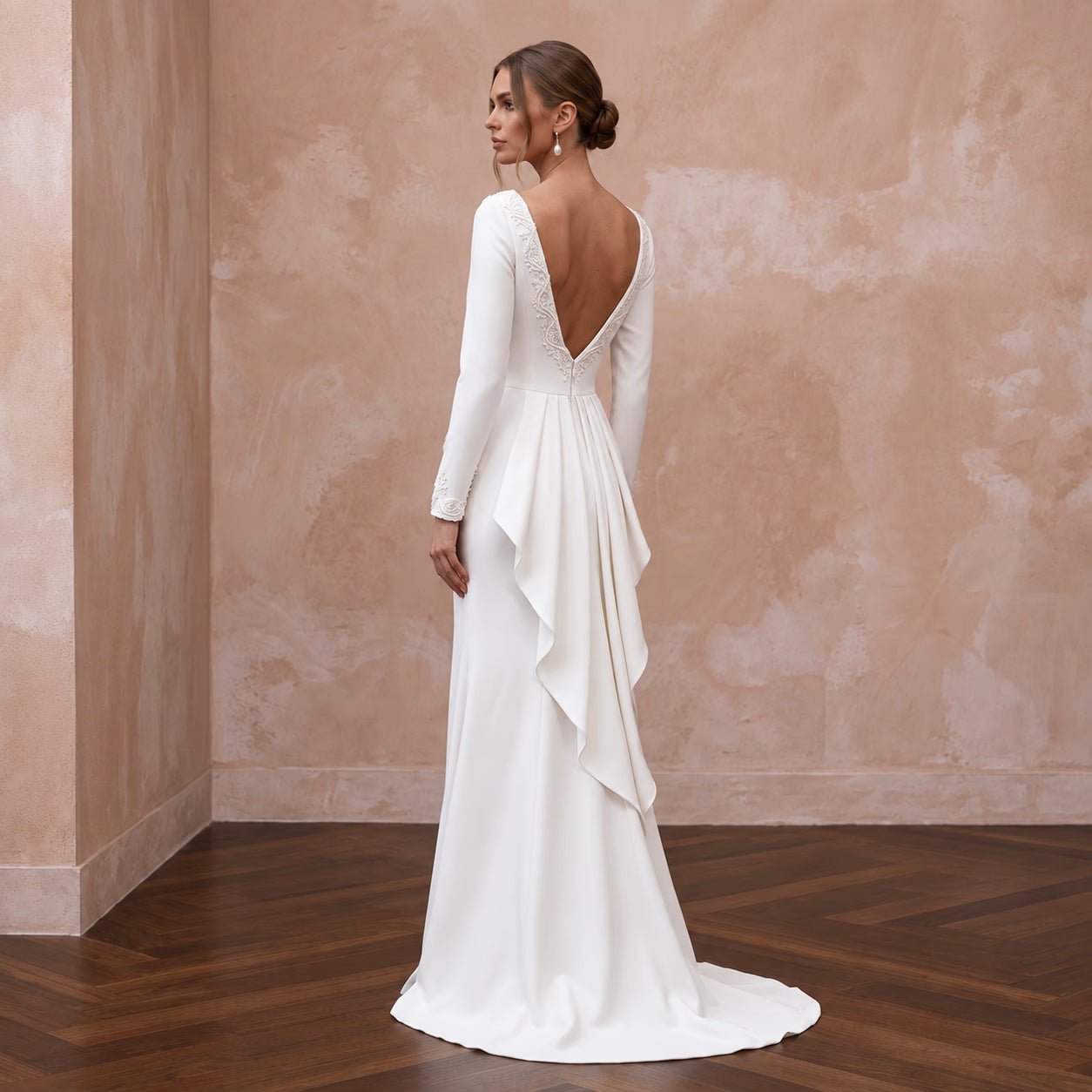 Modest Ivory Crepe Long Sleeve Sheath Dress with Pearl Buttons Secondary image