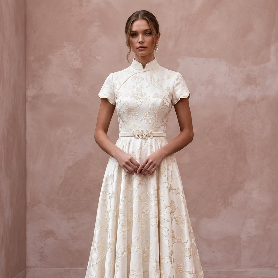 Modest Ivory Floral Jacquard High Neck A-Line Ceremony Dress