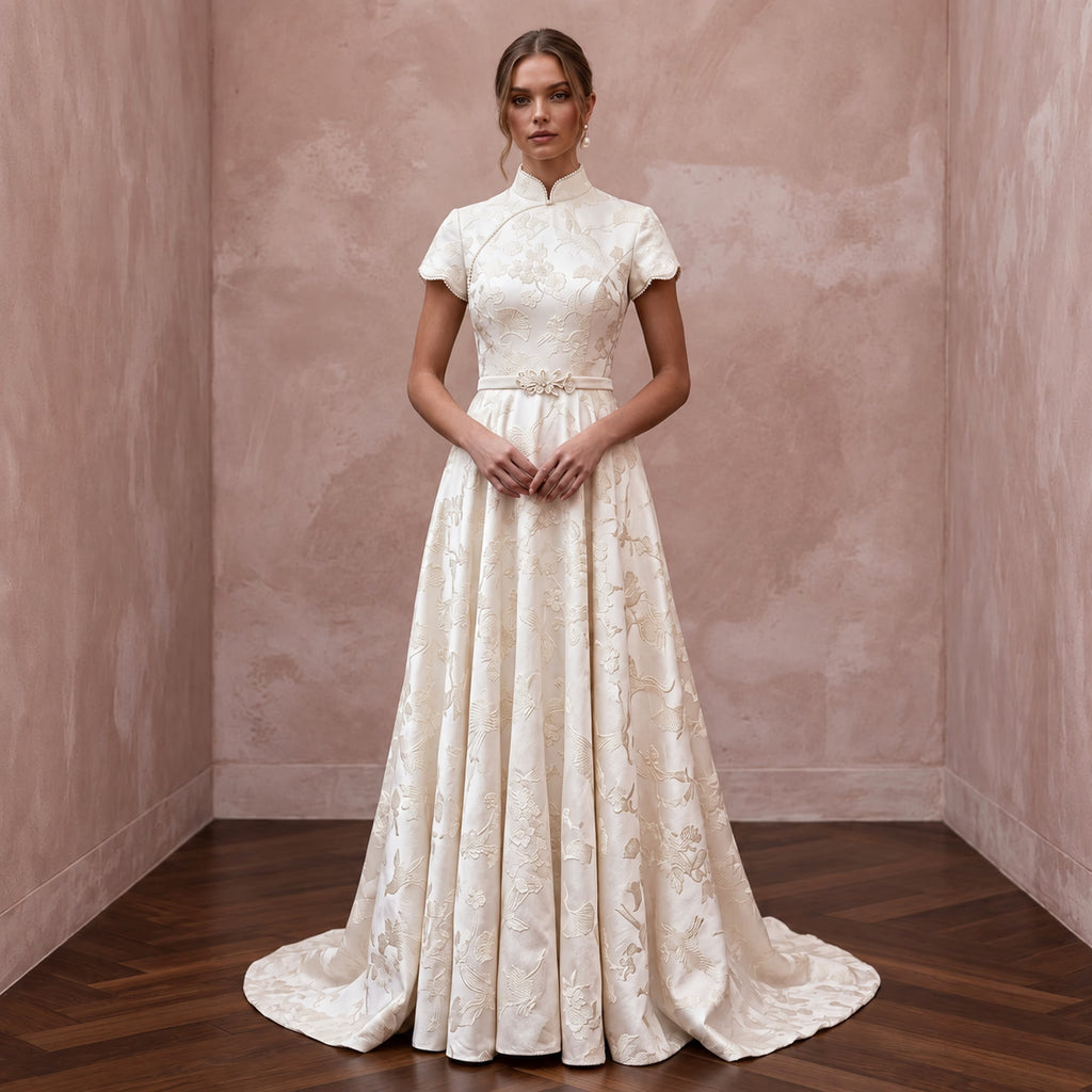 Modest Ivory Floral Jacquard High Neck A-Line Ceremony Dress