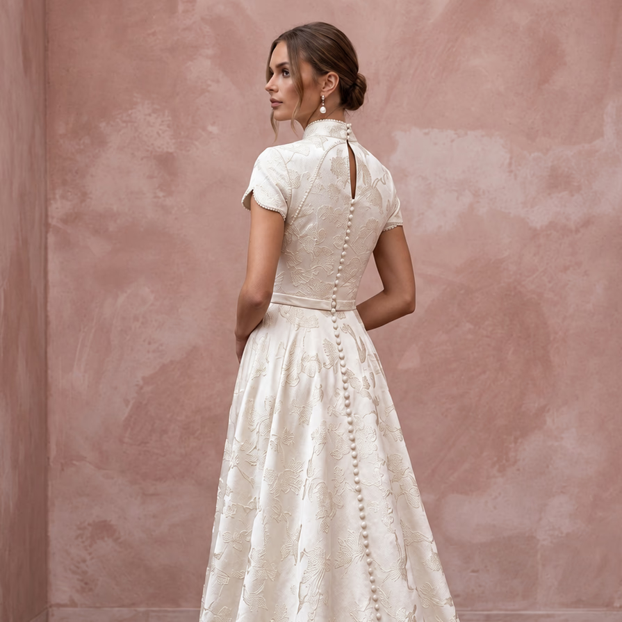 Modest Ivory Floral Jacquard High Neck A-Line Ceremony Dress