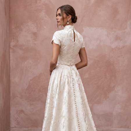 Modest Ivory Floral Jacquard High Neck A-Line Ceremony Dress