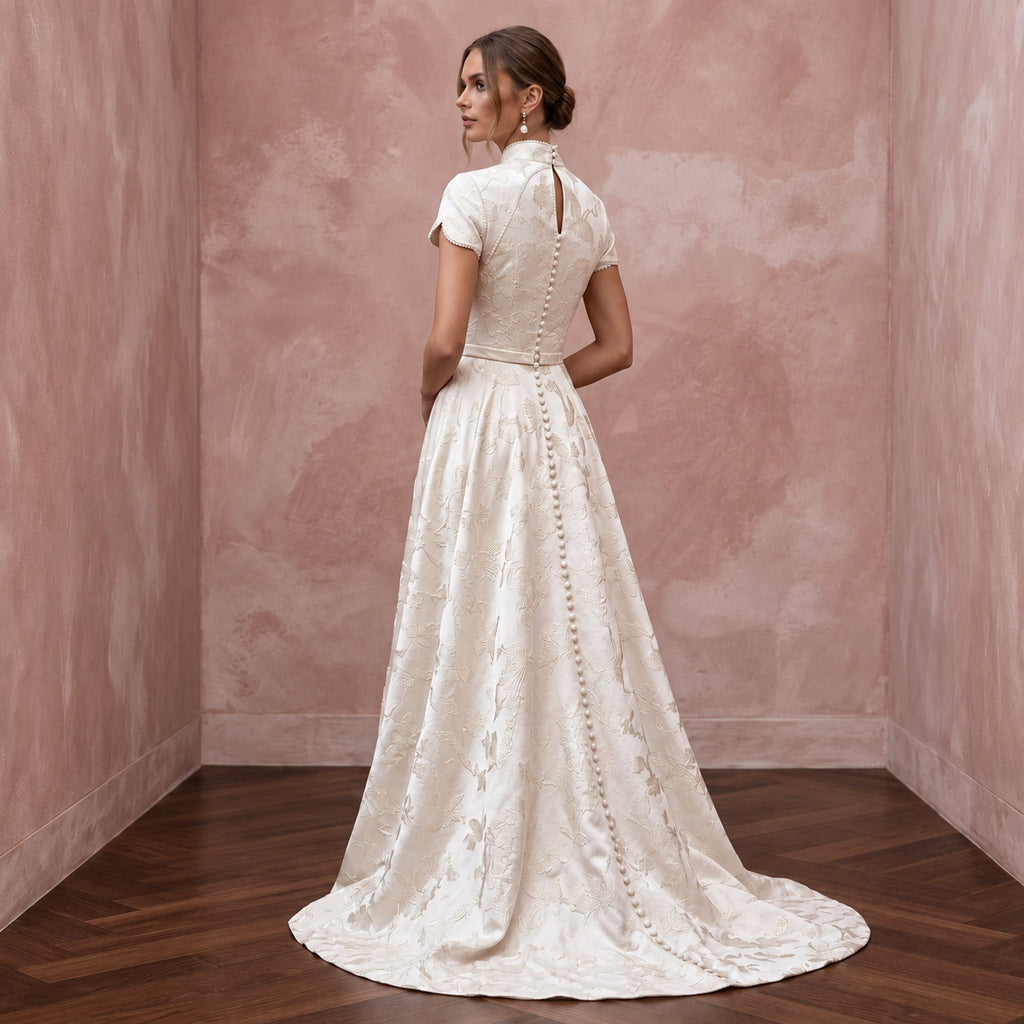 Modest Ivory Floral Jacquard High Neck A-Line Ceremony Dress