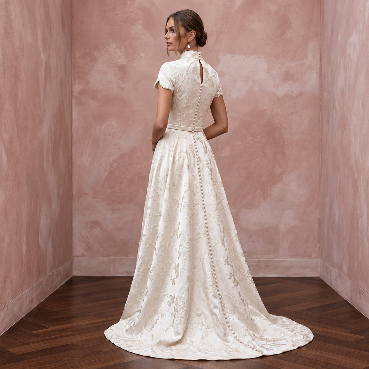 Modest Ivory Floral Jacquard High Neck A-Line Ceremony Dress