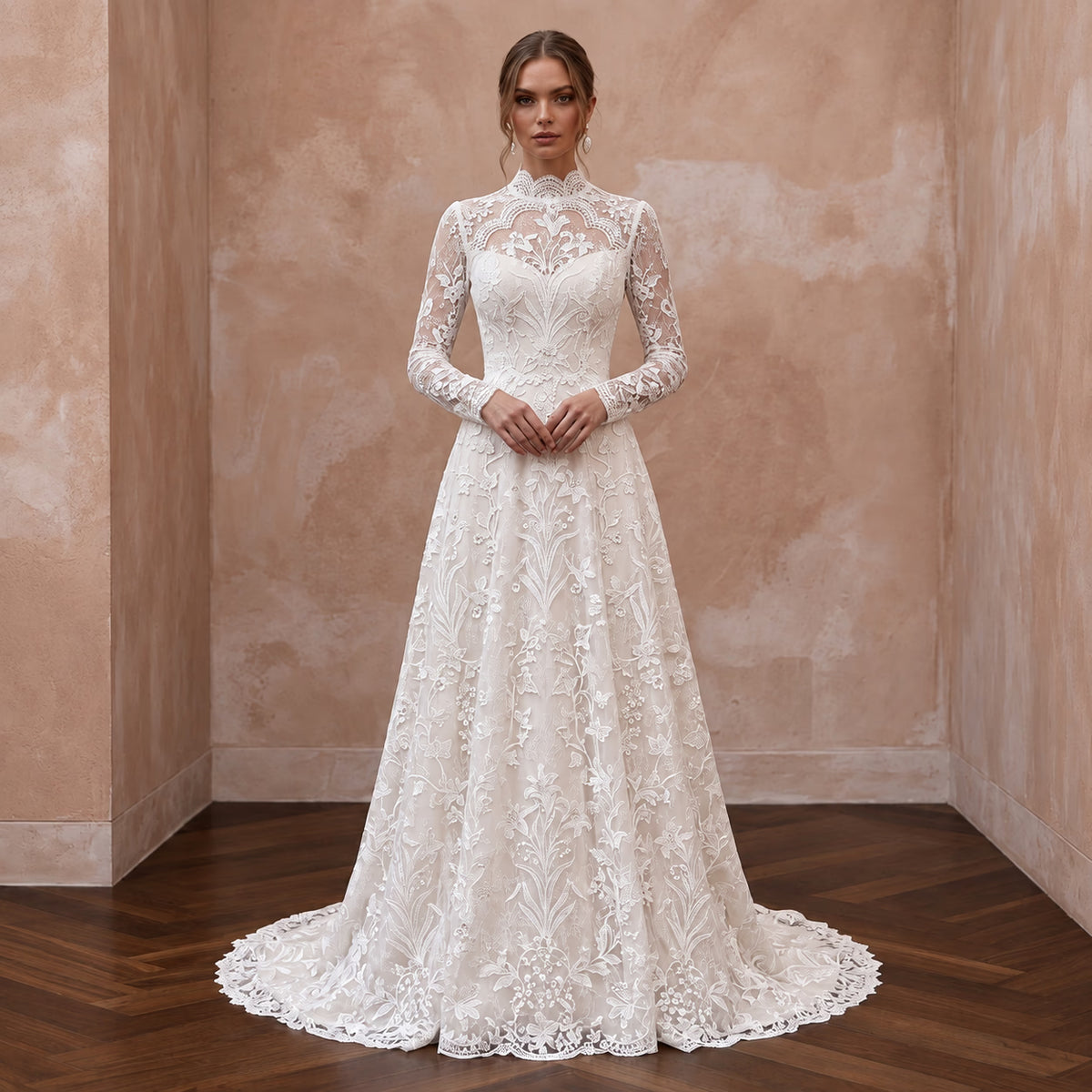 Modest Ivory Floral Lace Overlay High Neck A - Line Bridal Dress - Apparel & Accessories > Clothing > Wedding & Bridal Party Dresses > Wedding Dresses - Mignonette Bridal