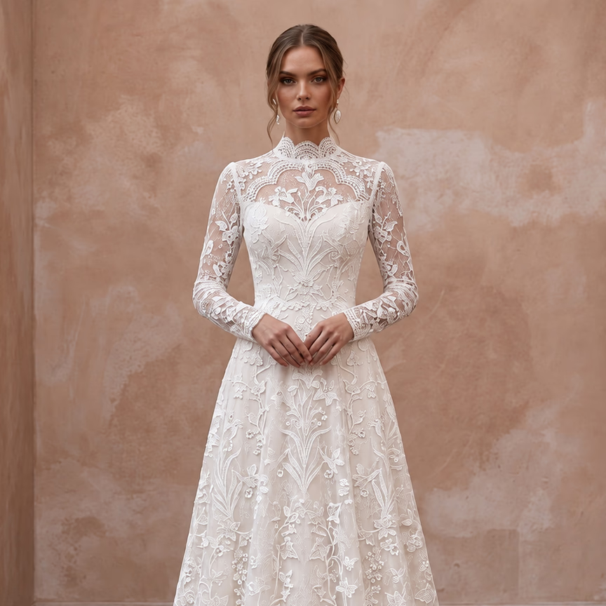 Modest Ivory Floral Lace Overlay High Neck A - Line Bridal Dress - Apparel & Accessories > Clothing > Wedding & Bridal Party Dresses > Wedding Dresses - Mignonette Bridal