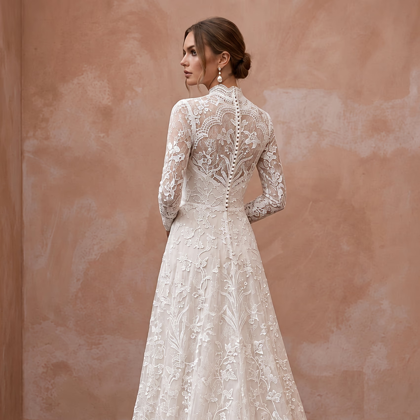 Modest Ivory Floral Lace Overlay High Neck A - Line Bridal Dress - Apparel & Accessories > Clothing > Wedding & Bridal Party Dresses > Wedding Dresses - Mignonette Bridal