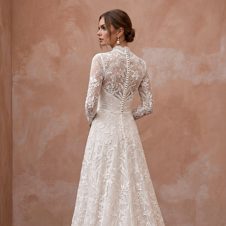 Modest Ivory Floral Lace Overlay High Neck A - Line Bridal Dress - Apparel & Accessories > Clothing > Wedding & Bridal Party Dresses > Wedding Dresses - Mignonette Bridal