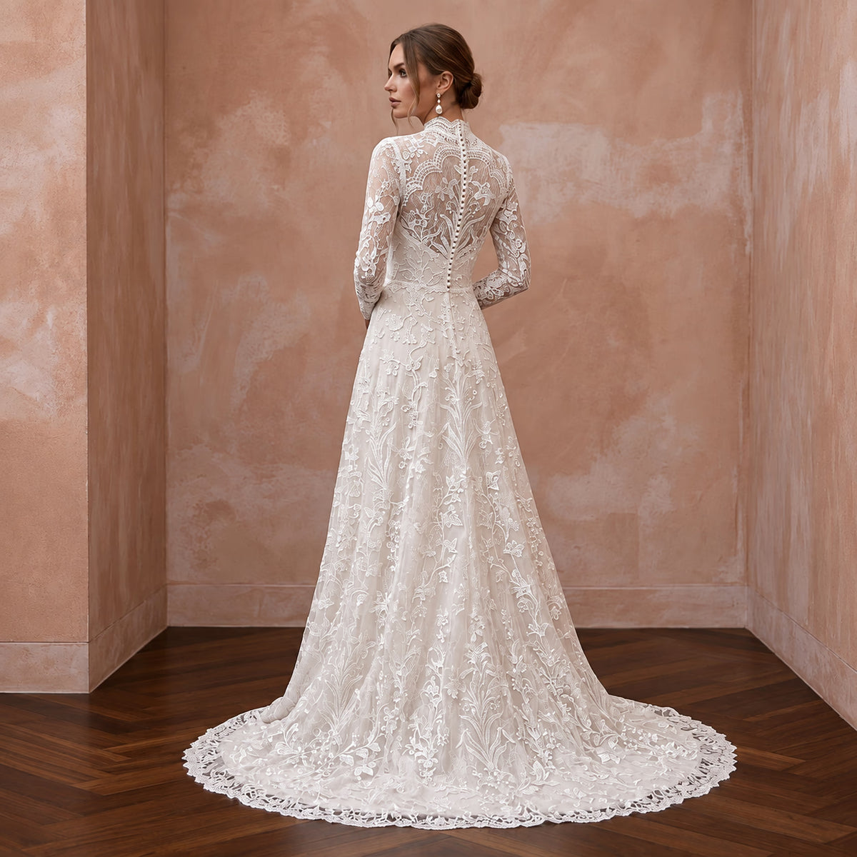 Modest Ivory Floral Lace Overlay High Neck A - Line Bridal Dress - Apparel & Accessories > Clothing > Wedding & Bridal Party Dresses > Wedding Dresses - Mignonette Bridal