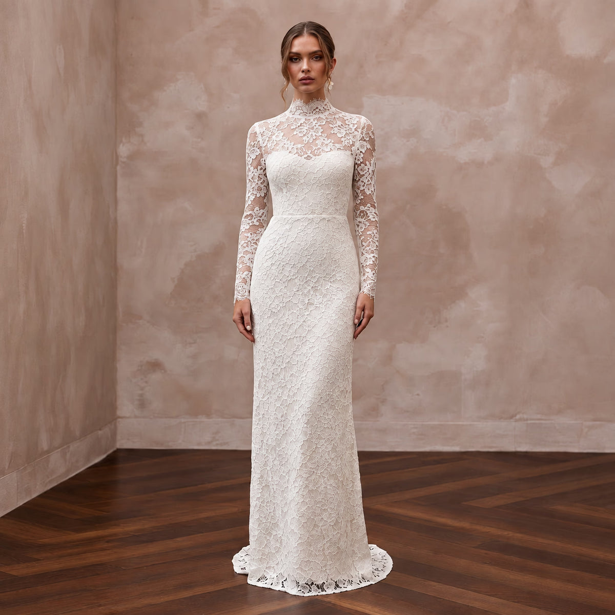 Modest Ivory Floral Lace Overlay High Neck Column Bridal Dress