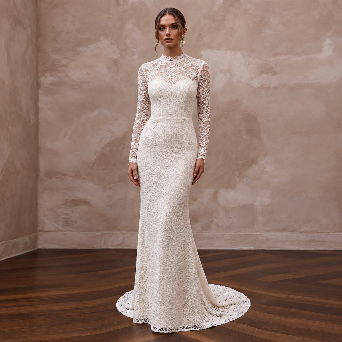 Modest Ivory Floral Lace Overlay High Neck Column Bridal Dress