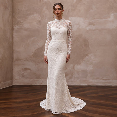 Modest Ivory Floral Lace Overlay High Neck Column Bridal Dress