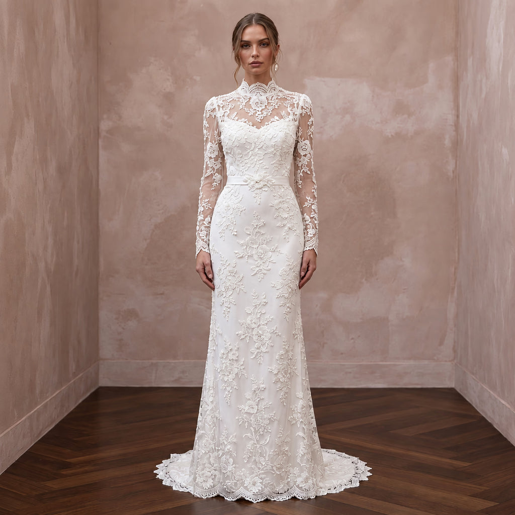 Modest Ivory Floral Lace Overlay High Neck Column Bridal Dress - Apparel & Accessories > Clothing > Wedding & Bridal Party Dresses > Wedding Dresses - Mignonette Bridal