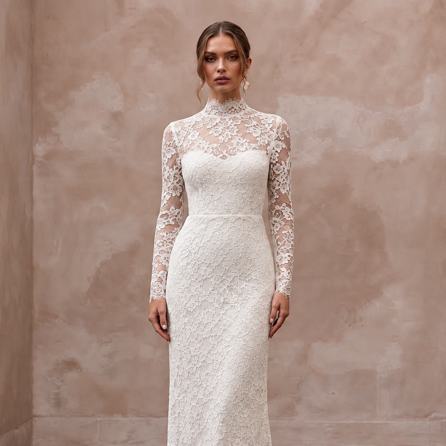 Modest Ivory Floral Lace Overlay High Neck Column Bridal Dress