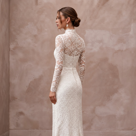 Modest Ivory Floral Lace Overlay High Neck Column Bridal Dress