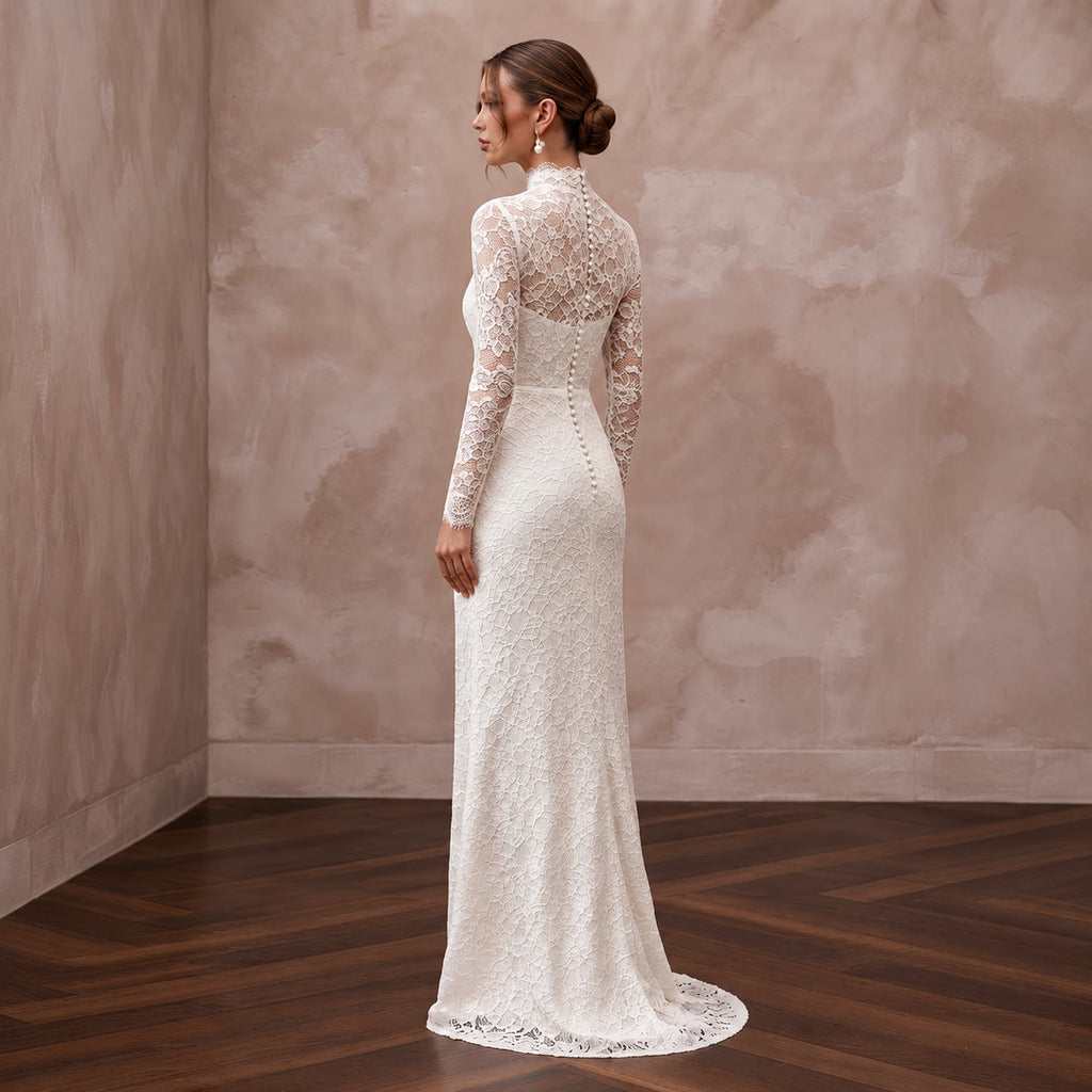 Modest Ivory Floral Lace Overlay High Neck Column Bridal Dress