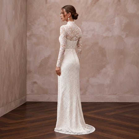 Modest Ivory Floral Lace Overlay High Neck Column Bridal Dress