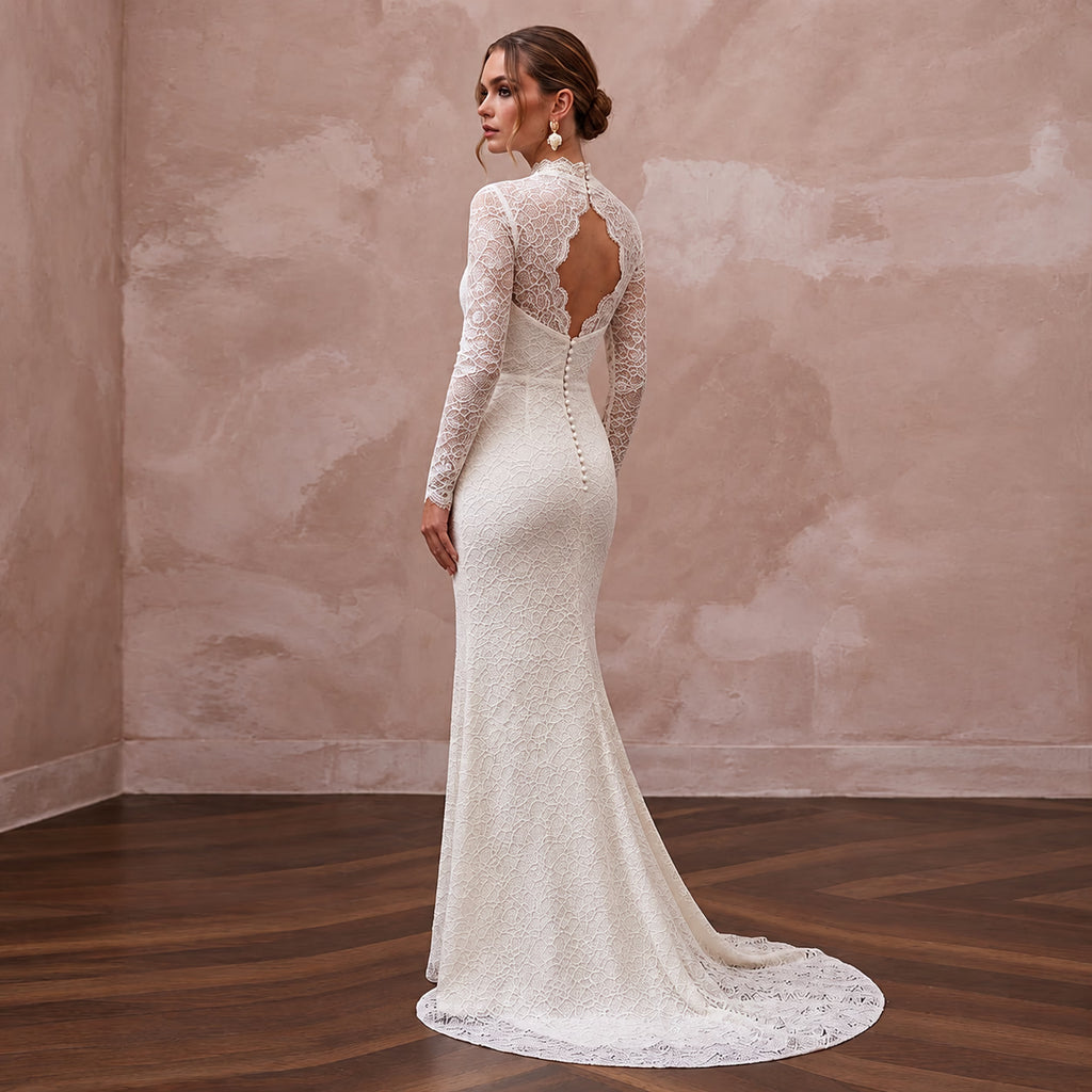Modest Ivory Floral Lace Overlay High Neck Column Bridal Dress
