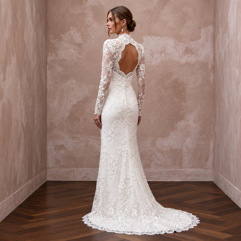 Modest Ivory Floral Lace Overlay High Neck Column Bridal Dress - Apparel & Accessories > Clothing > Wedding & Bridal Party Dresses > Wedding Dresses - Mignonette Bridal