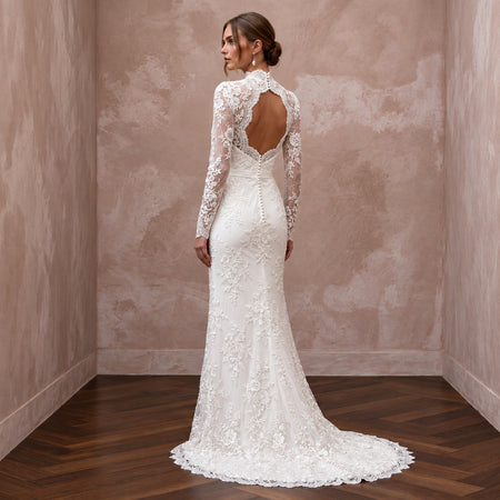 Modest Ivory Floral Lace Overlay High Neck Column Bridal Dress - Apparel & Accessories > Clothing > Wedding & Bridal Party Dresses > Wedding Dresses - Mignonette Bridal
