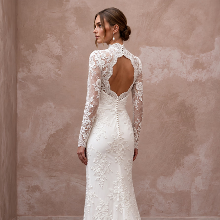 Modest Ivory Floral Lace Overlay High Neck Column Bridal Dress - Apparel & Accessories > Clothing > Wedding & Bridal Party Dresses > Wedding Dresses - Mignonette Bridal