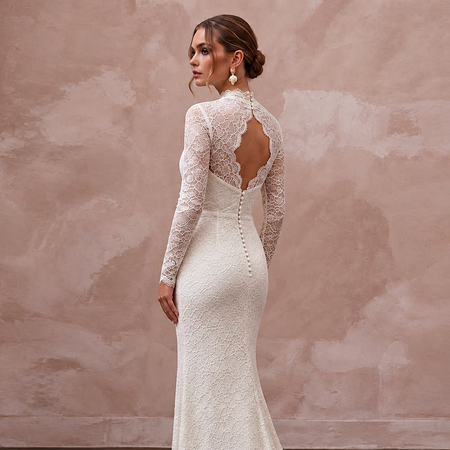 Modest Ivory Floral Lace Overlay High Neck Column Bridal Dress