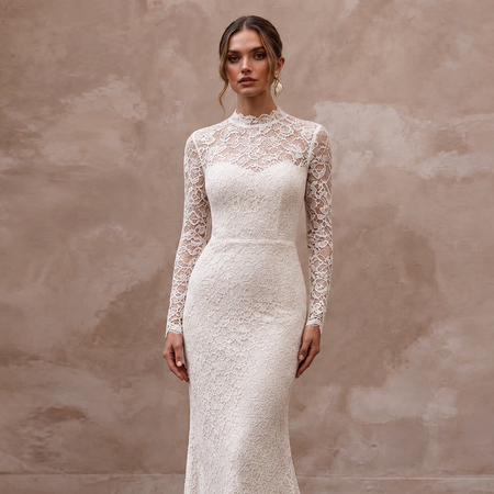 Modest Ivory Floral Lace Overlay High Neck Column Bridal Dress