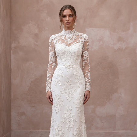 Modest Ivory Floral Lace Overlay High Neck Column Bridal Dress - Apparel & Accessories > Clothing > Wedding & Bridal Party Dresses > Wedding Dresses - Mignonette Bridal