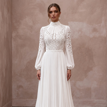 Modest Ivory Georgette High Neck Pleated Skirt Elopement Maxi Dress