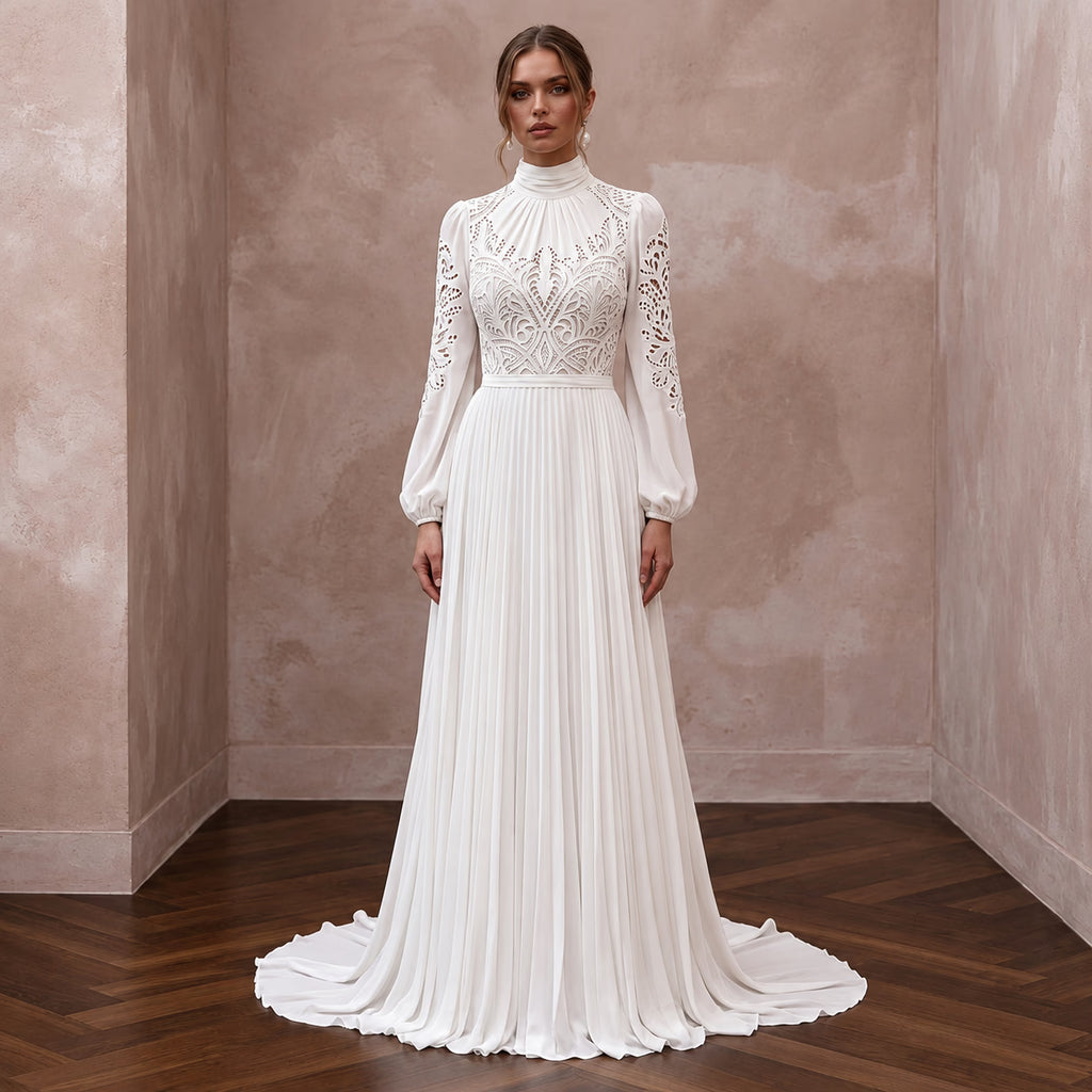Modest Ivory Georgette High Neck Pleated Skirt Elopement Maxi Dress