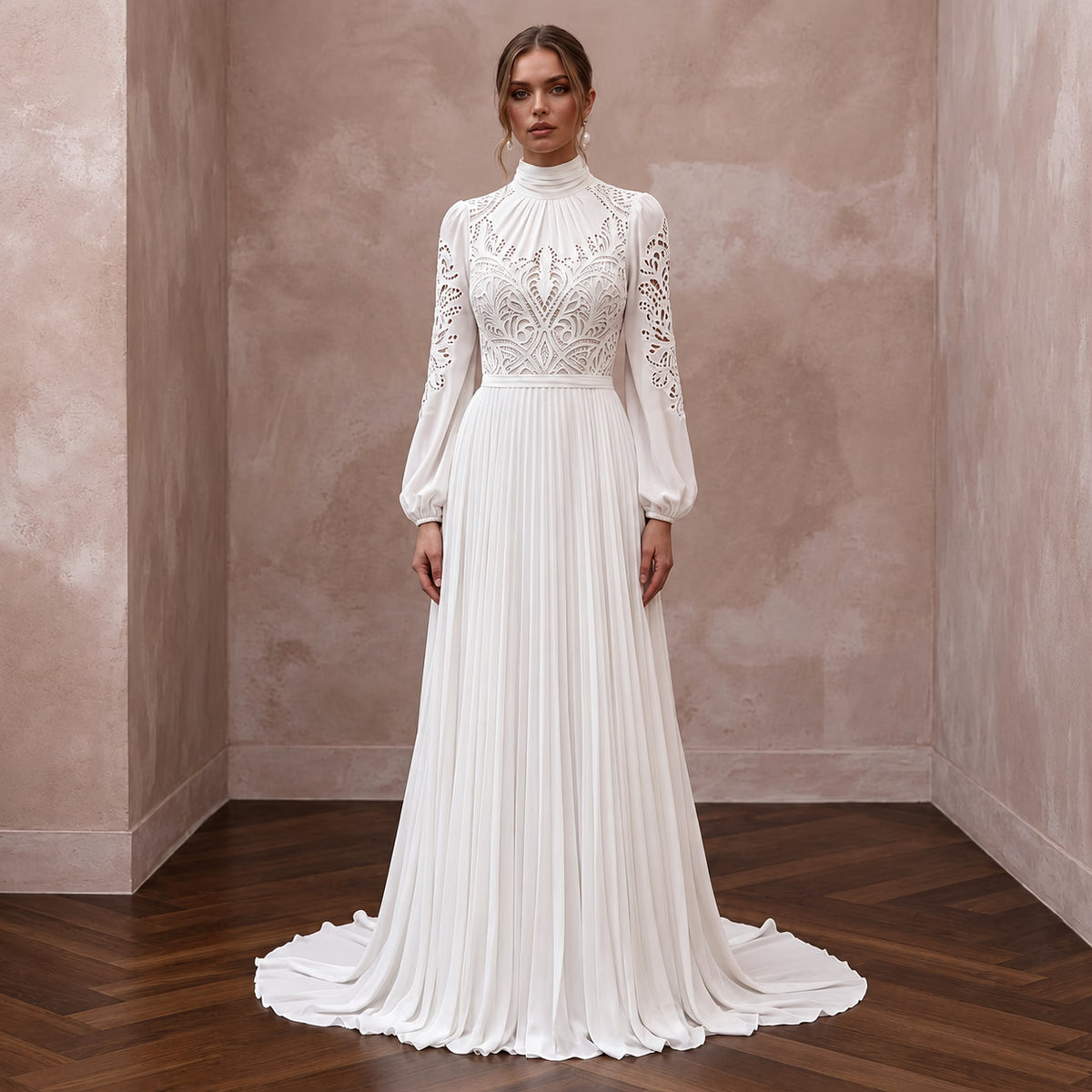 Modest Ivory Georgette High Neck Pleated Skirt Elopement Maxi Dress