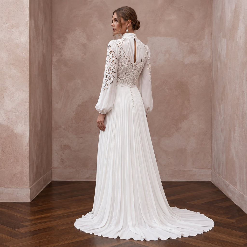 Modest Ivory Georgette High Neck Pleated Skirt Elopement Maxi Dress