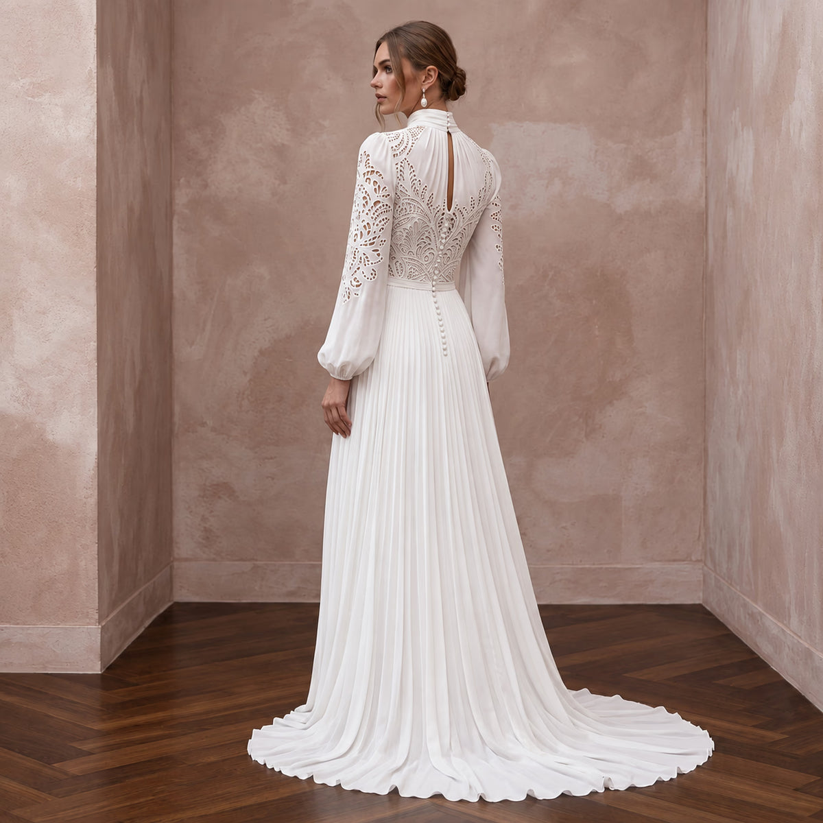 Modest Ivory Georgette High Neck Pleated Skirt Elopement Maxi Dress