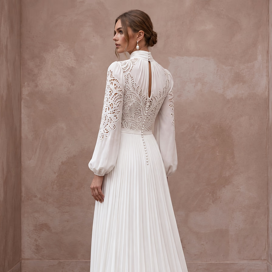 Modest Ivory Georgette High Neck Pleated Skirt Elopement Maxi Dress