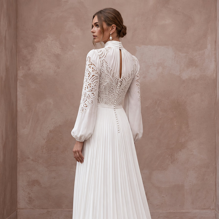 Modest Ivory Georgette High Neck Pleated Skirt Elopement Maxi Dress