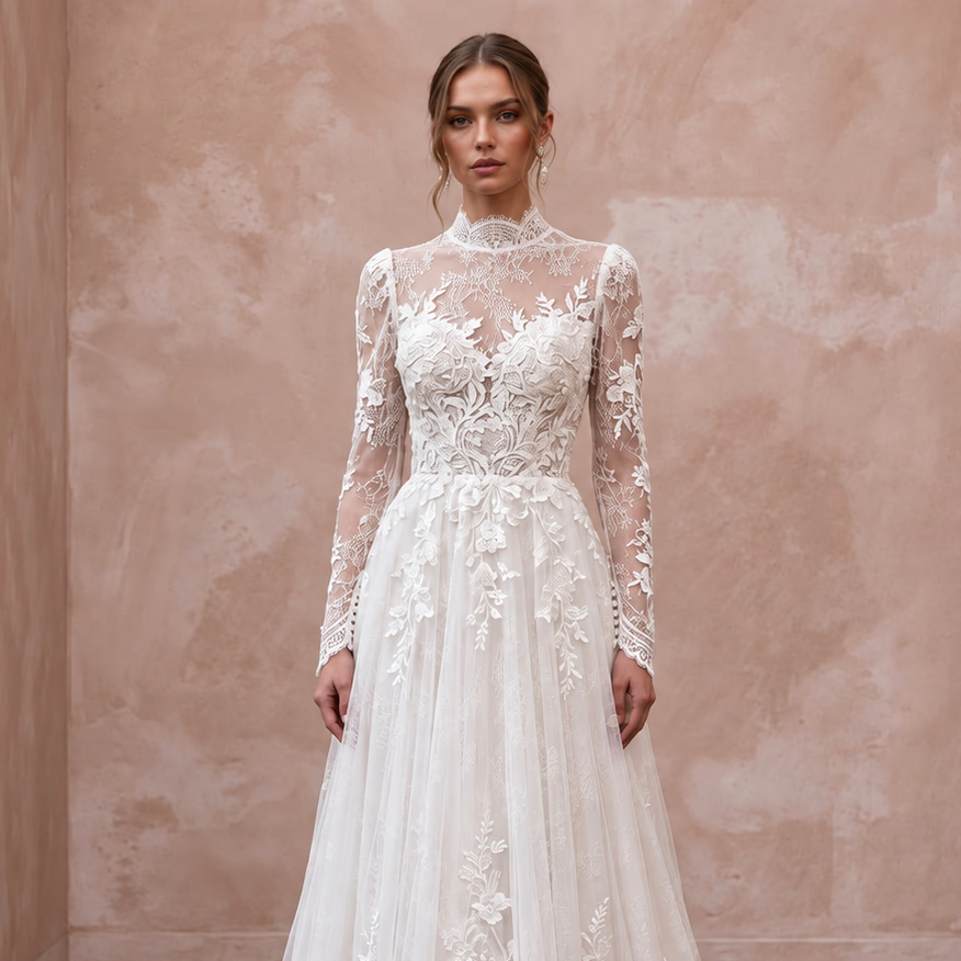 Modest Ivory Lace High Neck Long Sleeve A-Line Bridal Gown