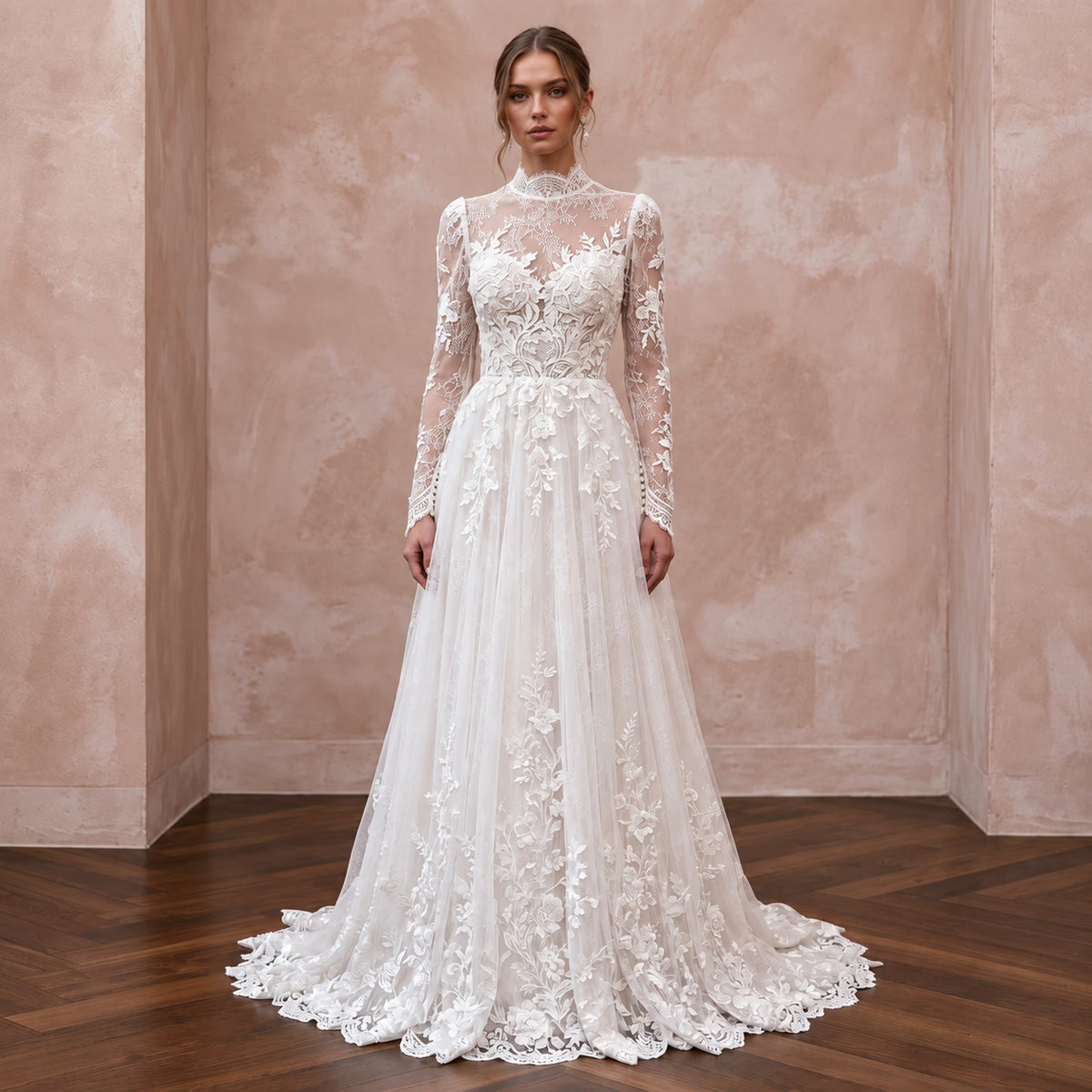Modest Ivory Lace High Neck Long Sleeve A-Line Bridal Gown