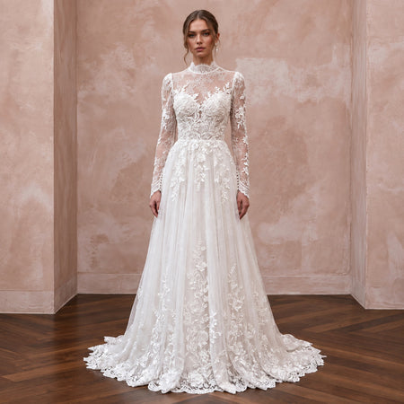 Modest Ivory Lace High Neck Long Sleeve A-Line Bridal Gown