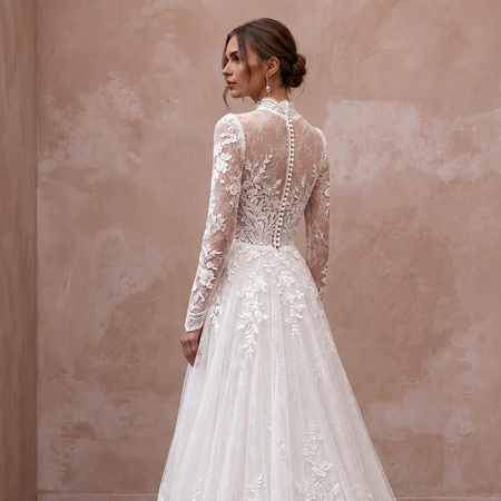 Modest Ivory Lace High Neck Long Sleeve A-Line Bridal Gown